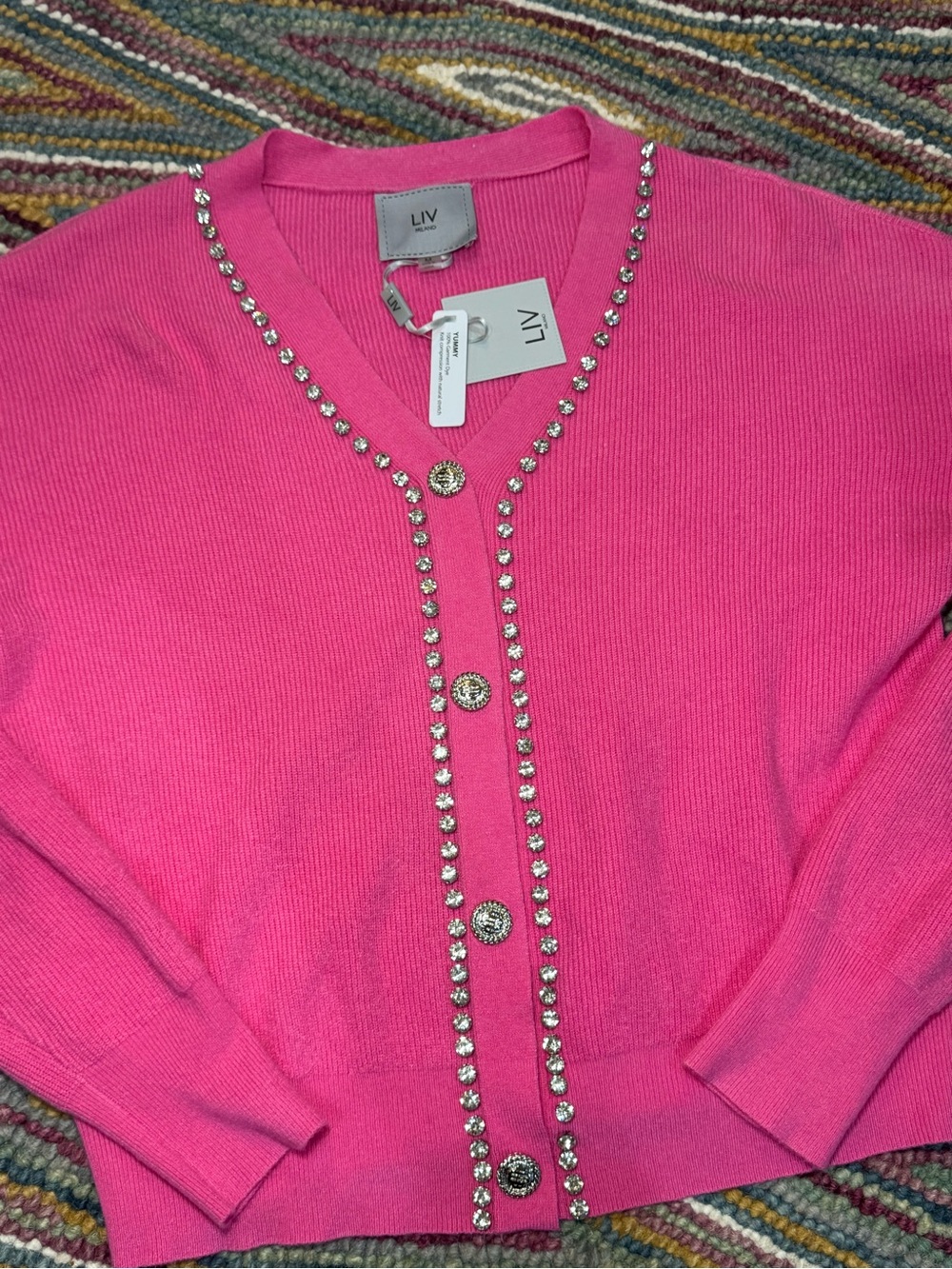 🪩🩷💕 Milano Hot Pink V-Neck Crystal-Trim Bling Embellished Cardigan Sweater 💕🩷🪩 - Picture 7 of 9
